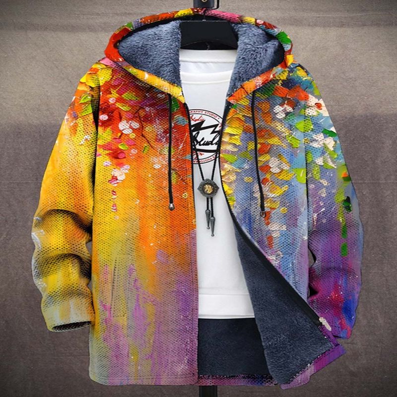 Printed Stand Collar Jacket For Men's Outerwear