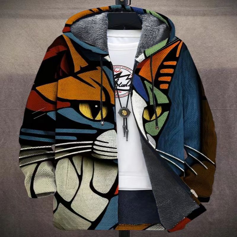 Printed Stand Collar Jacket For Men's Outerwear