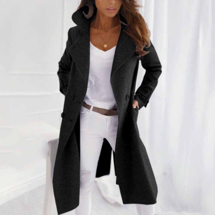 Solid Color Lapel Mid Length Woolen Coat For Women's Outerwear
