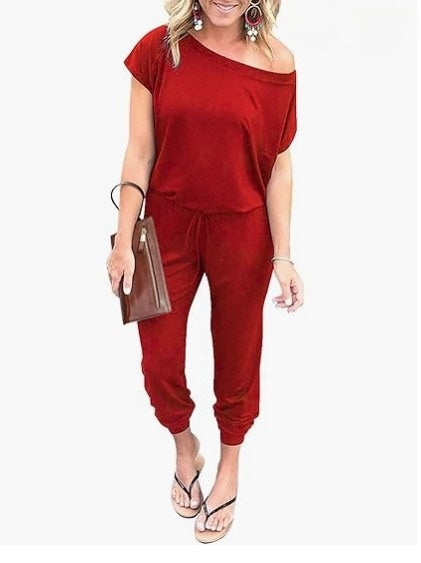 Women's Short-sleeved Slanted Shoulder Jumpsuit