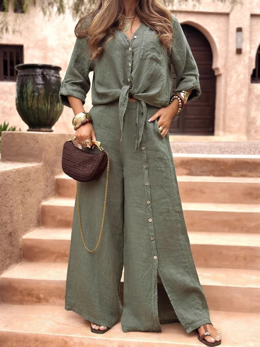 Casual Cardigan Wide Leg Pants Suit