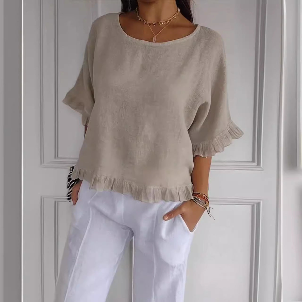 Women's Short-sleeved Round Neck Cotton Shirt