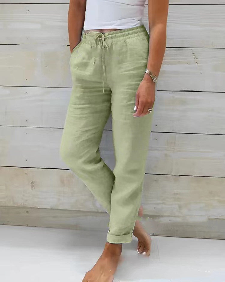Women's Elastic Waist Solid Color Cotton Pants
