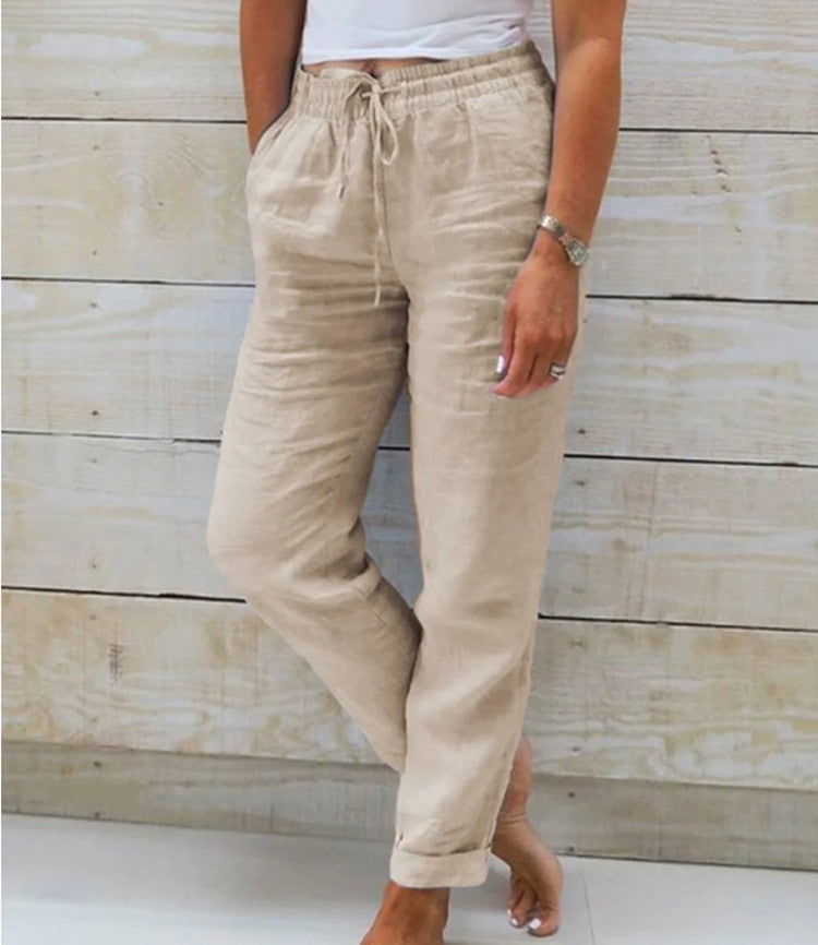 Women's Elastic Waist Solid Color Cotton Pants