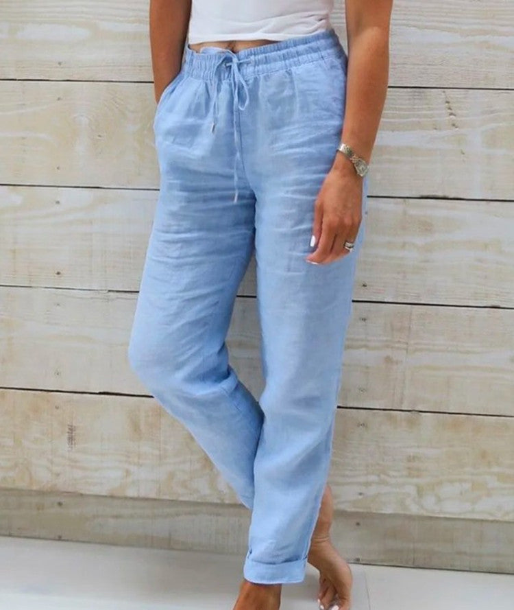 Women's Elastic Waist Solid Color Cotton Pants