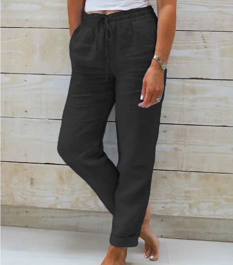 Women's Elastic Waist Solid Color Cotton Pants