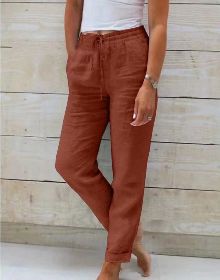 Women's Elastic Waist Solid Color Cotton Pants