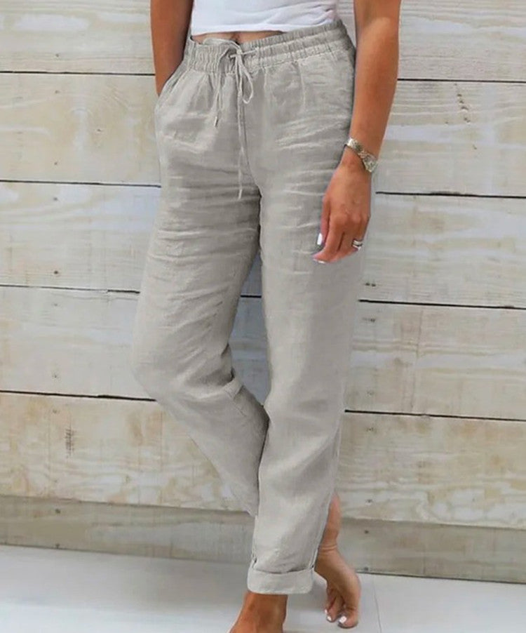 Women's Elastic Waist Solid Color Cotton Pants