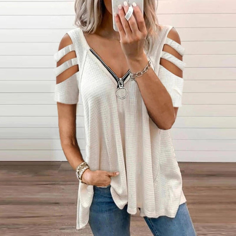 Female Hollow out Solid Top Loose T Shirt