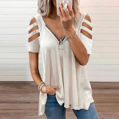 Female Hollow out Solid Top Loose T Shirt
