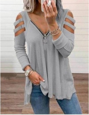 Female Hollow out Solid Top Loose T Shirt