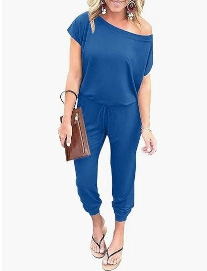 Women's Short-sleeved Slanted Shoulder Jumpsuit