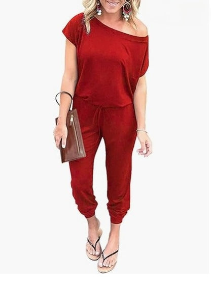 Women's Short-sleeved Slanted Shoulder Jumpsuit