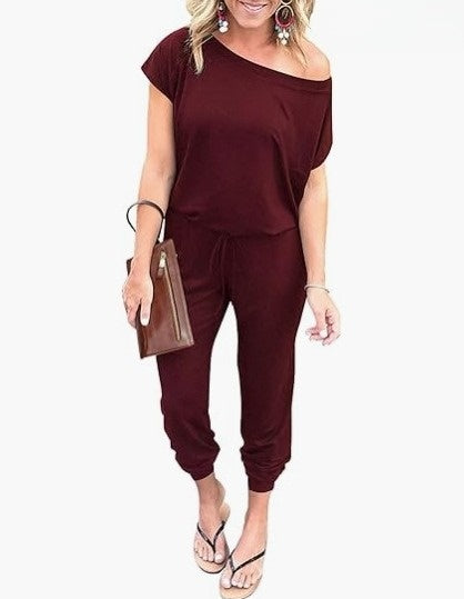 Women's Short-sleeved Slanted Shoulder Jumpsuit