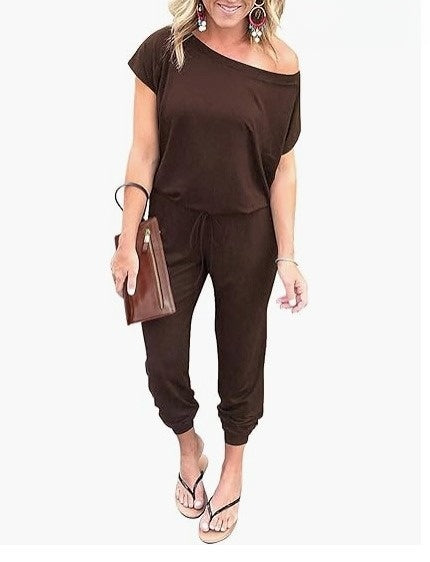 Women's Short-sleeved Slanted Shoulder Jumpsuit