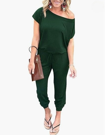 Women's Short-sleeved Slanted Shoulder Jumpsuit