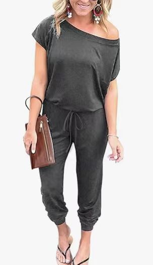 Women's Short-sleeved Slanted Shoulder Jumpsuit