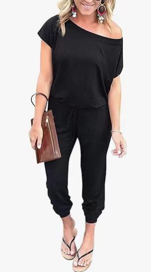 Women's Short-sleeved Slanted Shoulder Jumpsuit