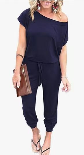 Women's Short-sleeved Slanted Shoulder Jumpsuit