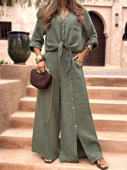 Casual Cardigan Wide Leg Pants Suit