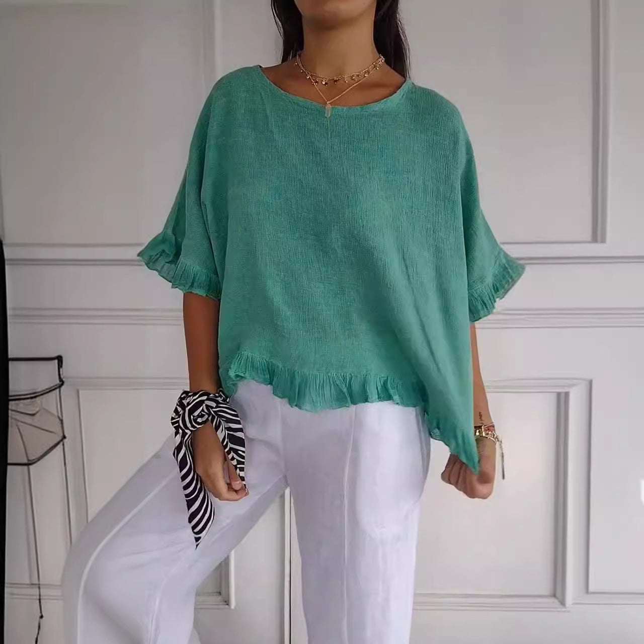 Women's Short-sleeved Round Neck Cotton Shirt
