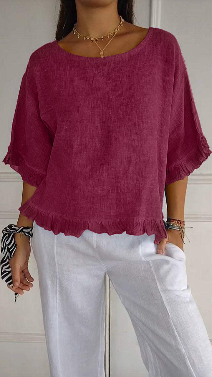 Women's Short-sleeved Round Neck Cotton Shirt