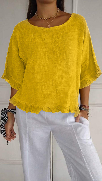 Women's Short-sleeved Round Neck Cotton Shirt