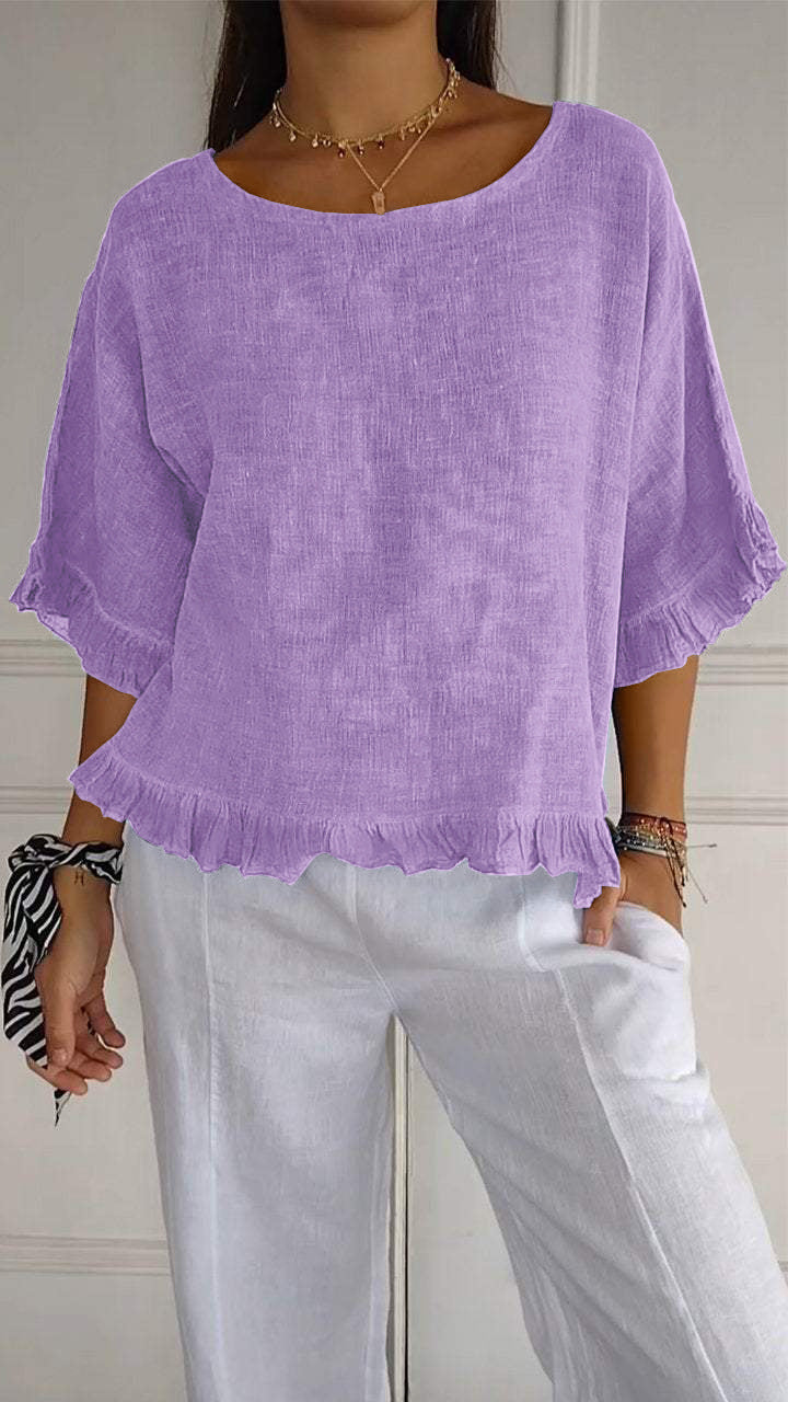 Women's Short-sleeved Round Neck Cotton Shirt