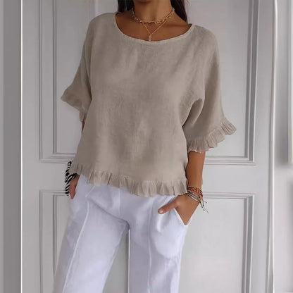 Women's Short-sleeved Round Neck Cotton Shirt